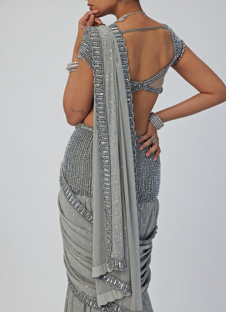 Grey Crystal And Sequin Embroidered Georgette Saree Vvani By Vani Vats - Fabilicious Fashion