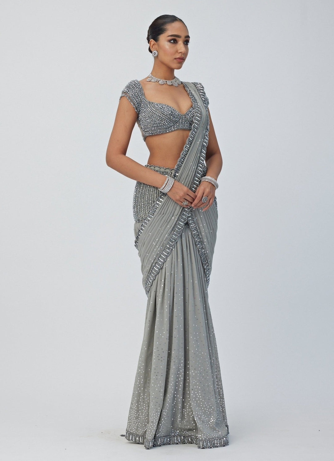 Grey Crystal And Sequin Embroidered Georgette Saree Vvani By Vani Vats - Fabilicious Fashion
