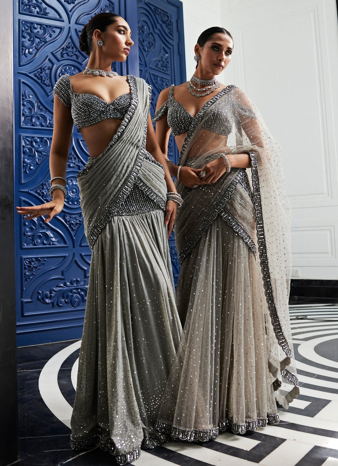 Grey Crystal And Sequin Embroidered Georgette Saree Vvani By Vani Vats - Fabilicious Fashion