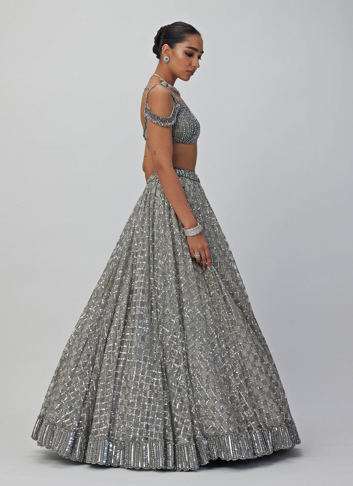 Grey Crystal And Sequin Embroidered Lehenga Set Vvani By Vani Vats - Fabilicious Fashion
