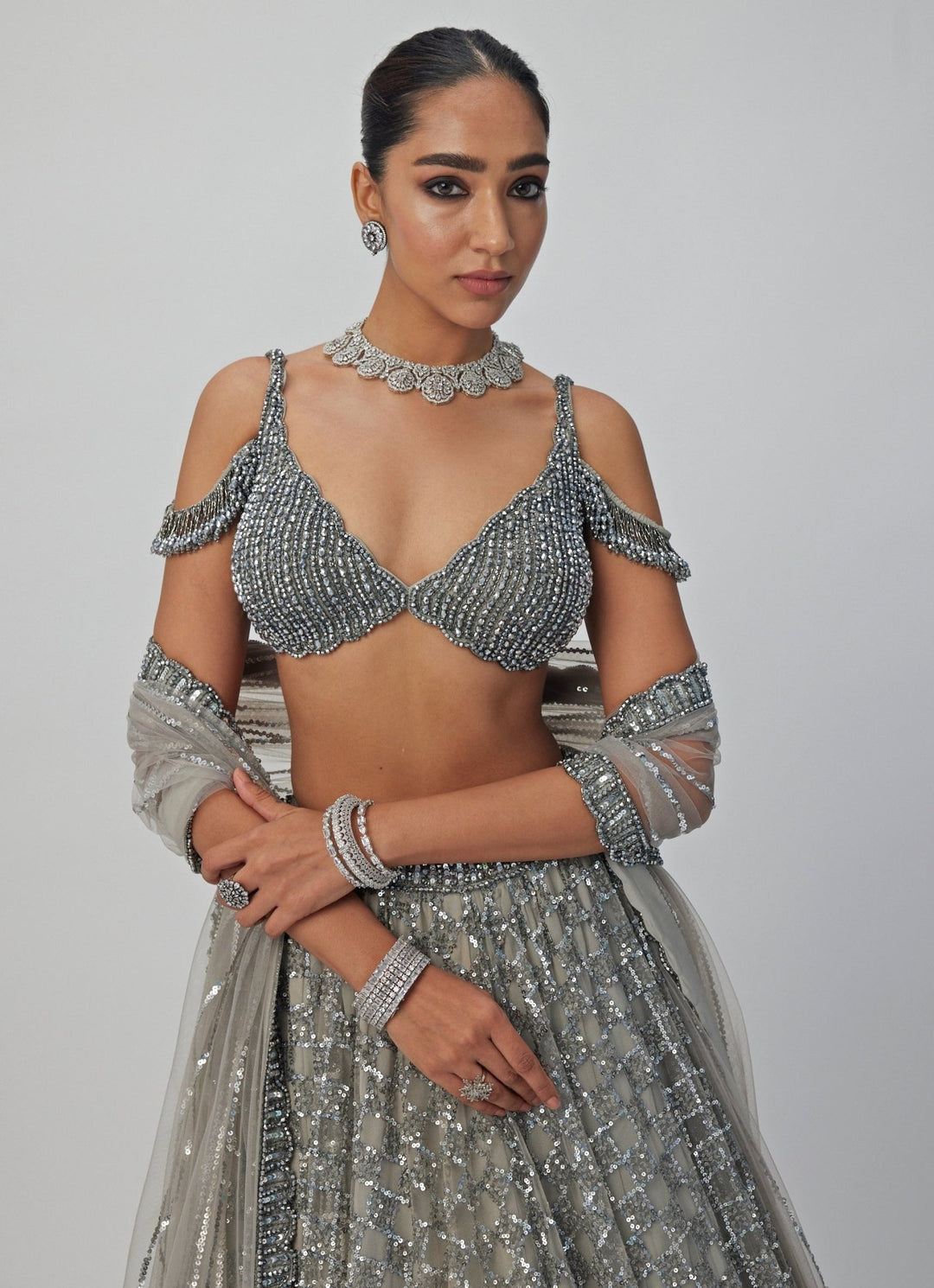Grey Crystal And Sequin Embroidered Lehenga Set Vvani By Vani Vats - Fabilicious Fashion