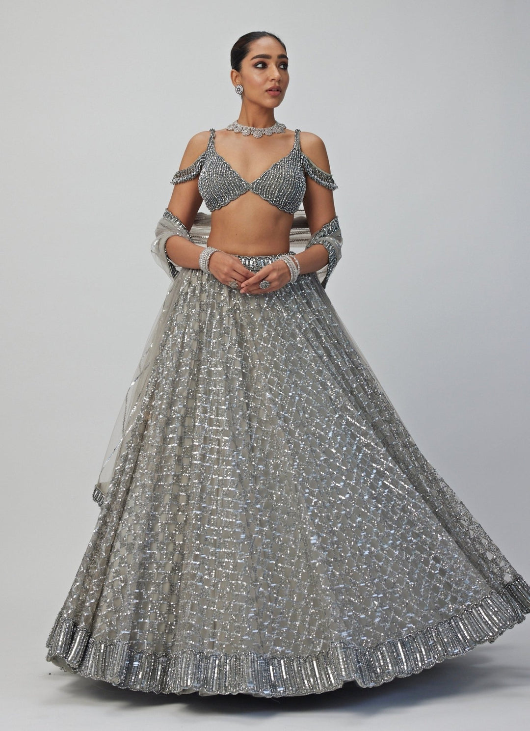 Grey Crystal And Sequin Embroidered Lehenga Set Vvani By Vani Vats - Fabilicious Fashion