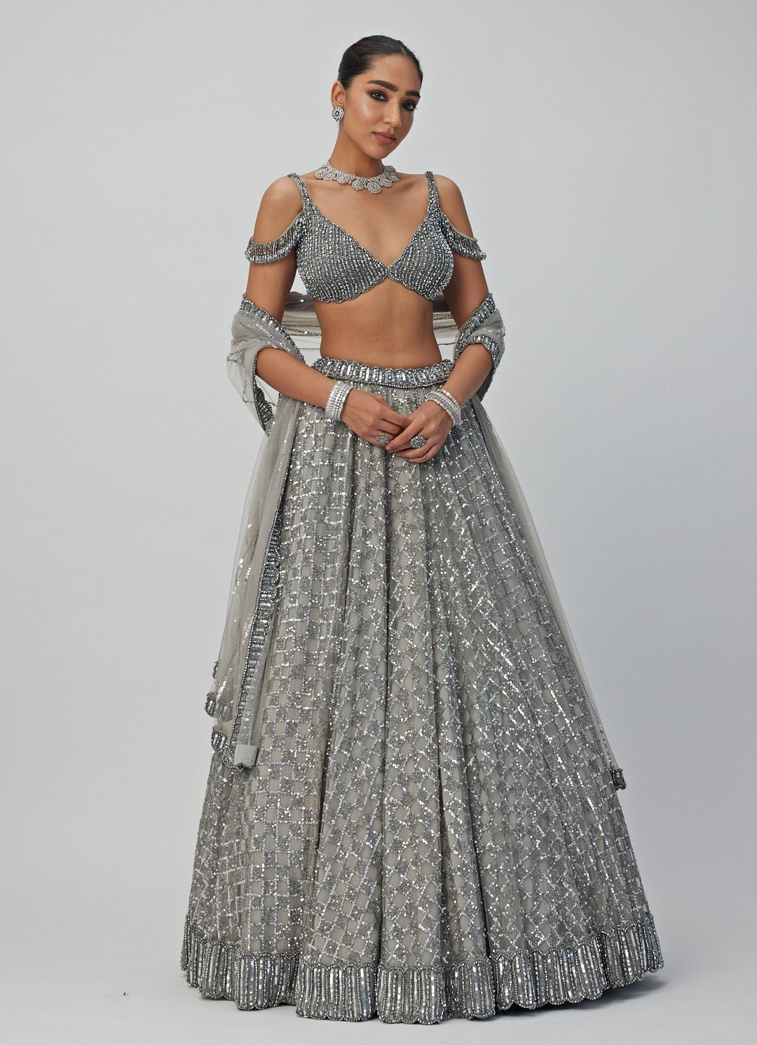 Grey Crystal And Sequin Embroidered Lehenga Set Vvani By Vani Vats - Fabilicious Fashion
