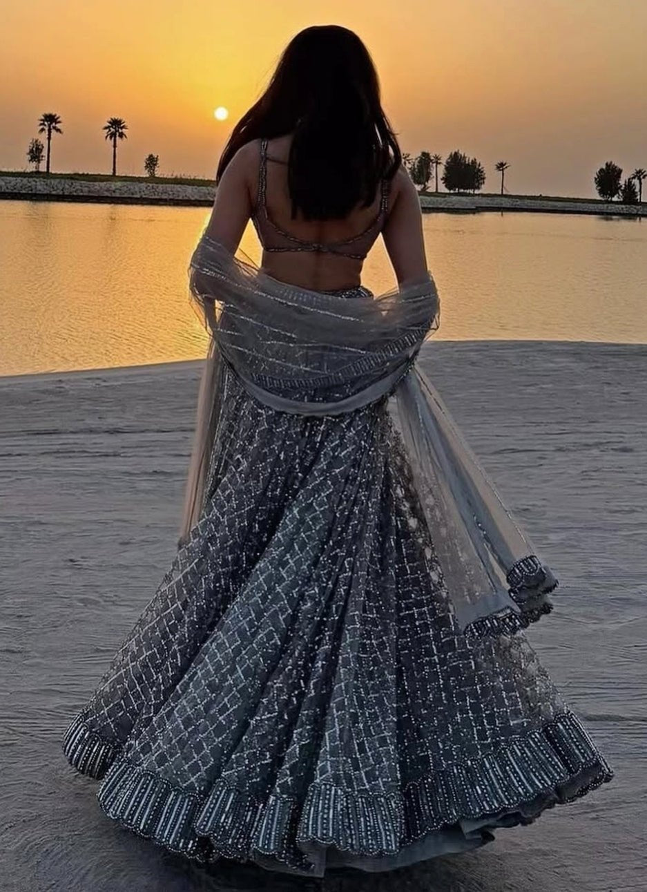 Vvani by Vani Vats Grey Crystal And Sequin Embroidered LehengaFabilicious Fashion