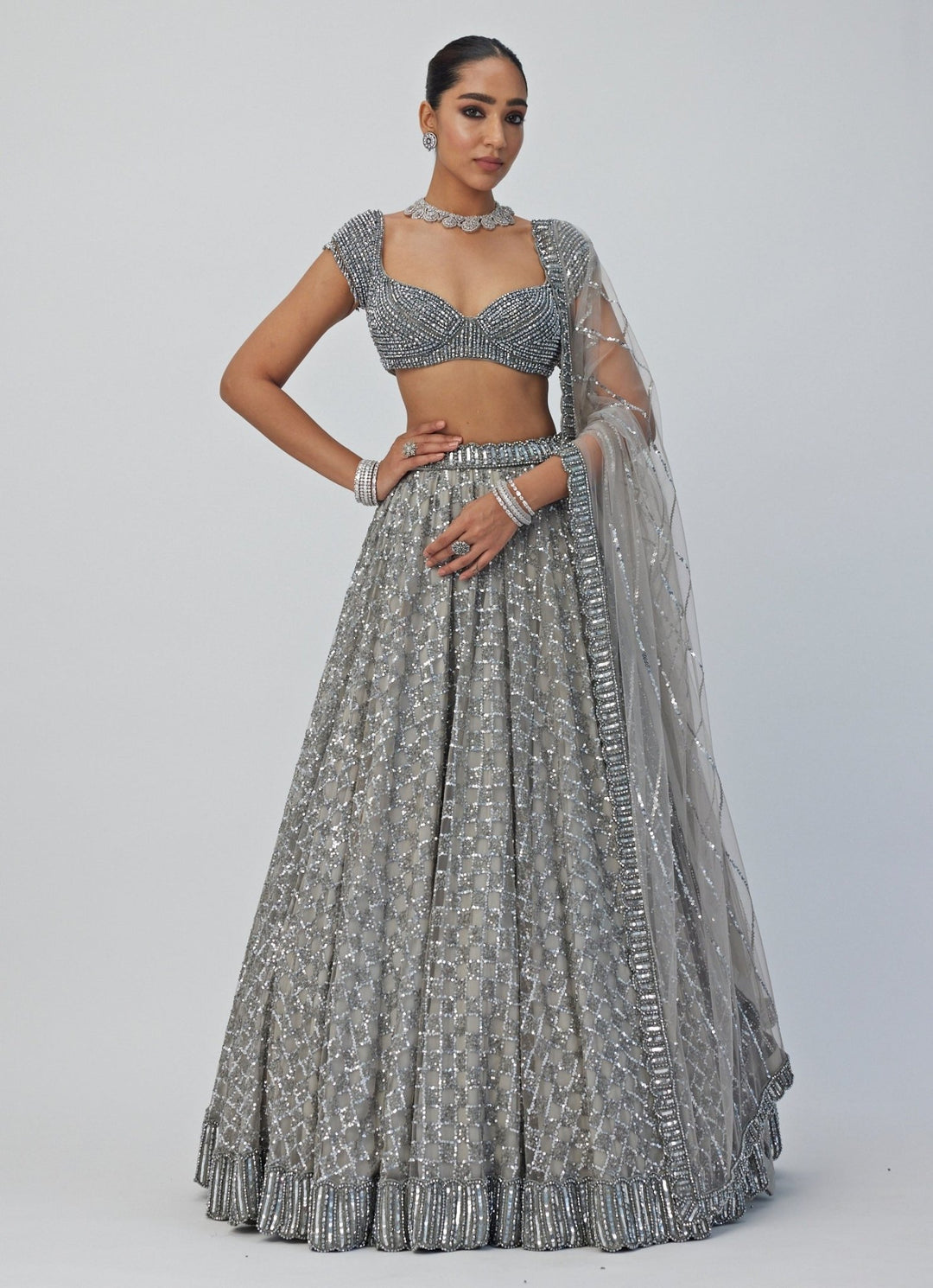 Grey Crystal And Sequin Embroidered Net Lehenga Set Vvani By Vani Vats - Fabilicious Fashion