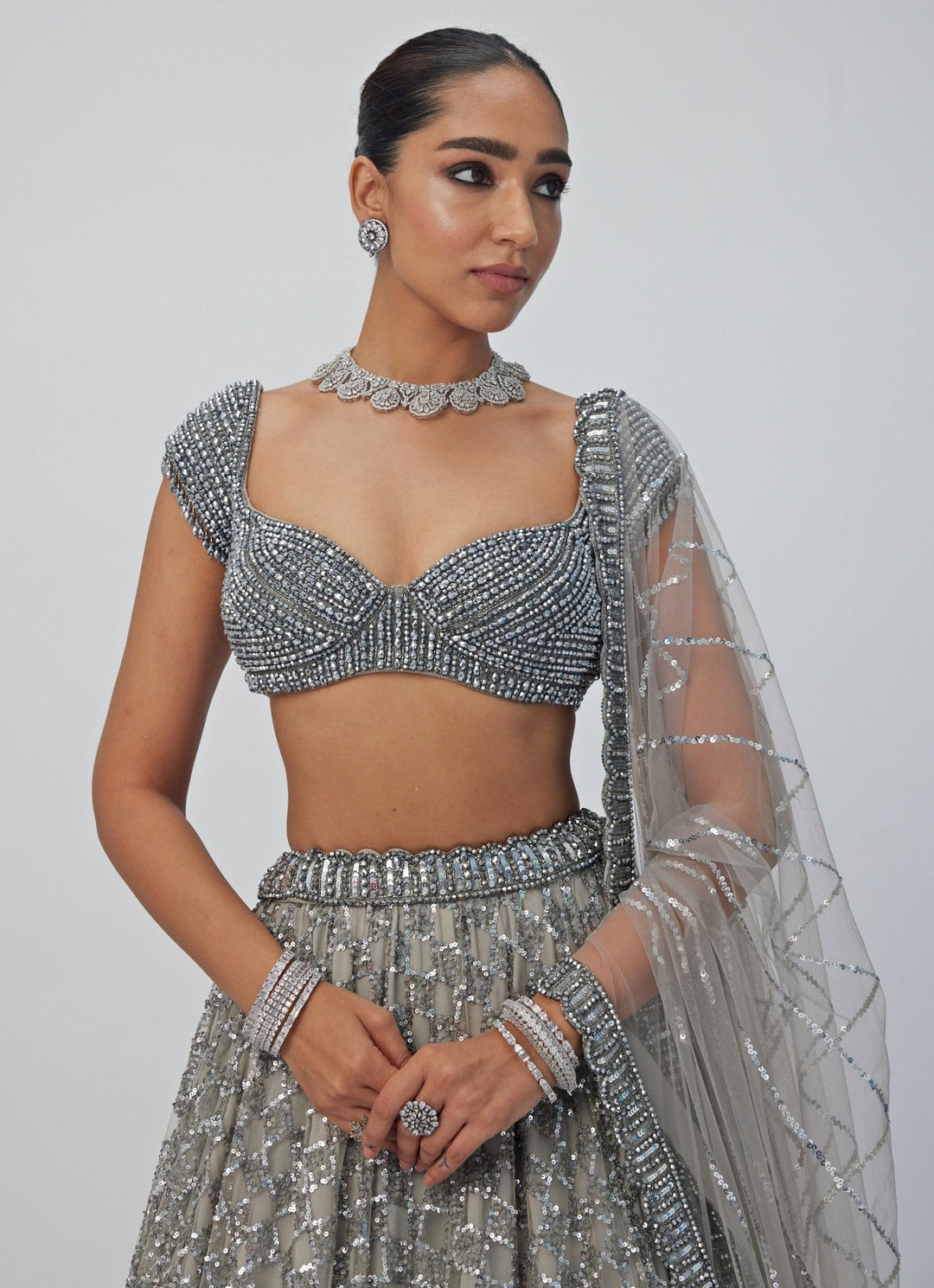Grey Crystal And Sequin Embroidered Net Lehenga Set Vvani By Vani Vats - Fabilicious Fashion