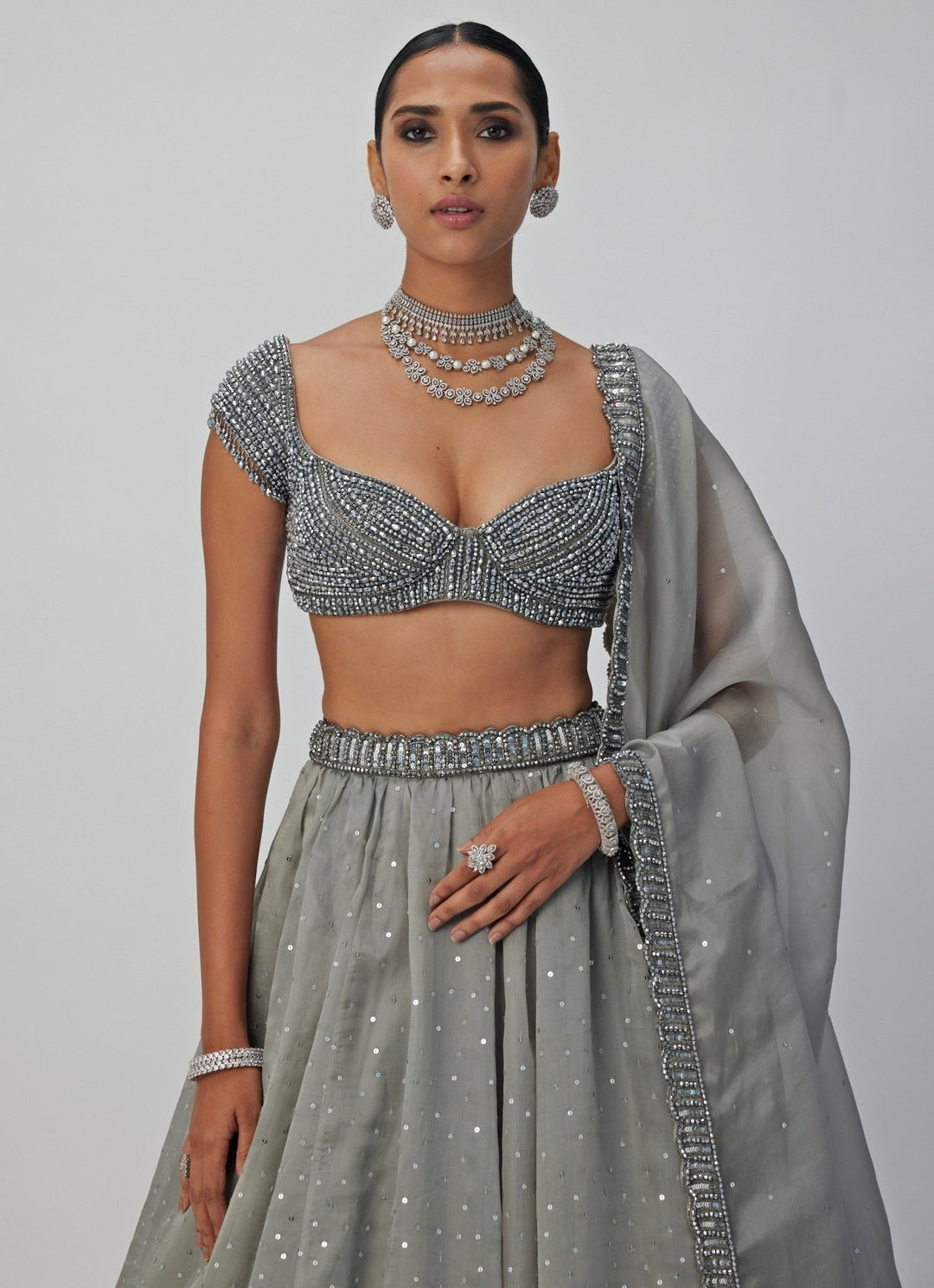 Grey Crystal And Sequin Embroidered Organza Lehenga Set Vvani By Vani Vats - Fabilicious Fashion