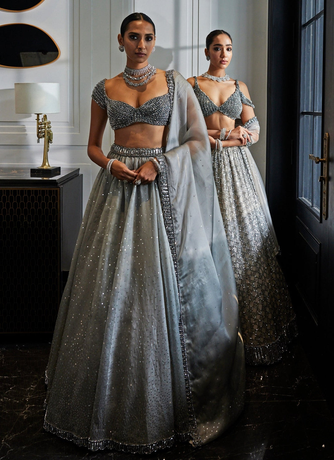 Grey Crystal And Sequin Embroidered Organza Lehenga Set Vvani By Vani Vats - Fabilicious Fashion