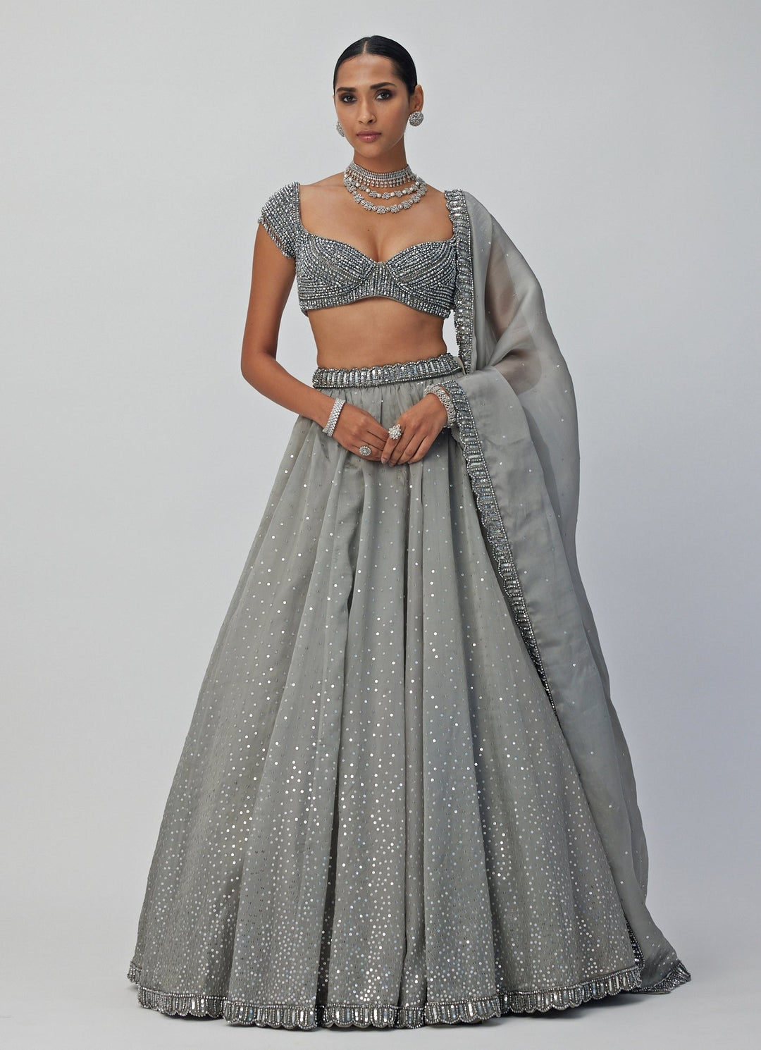 Grey Crystal And Sequin Embroidered Organza Lehenga Set Vvani By Vani Vats - Fabilicious Fashion