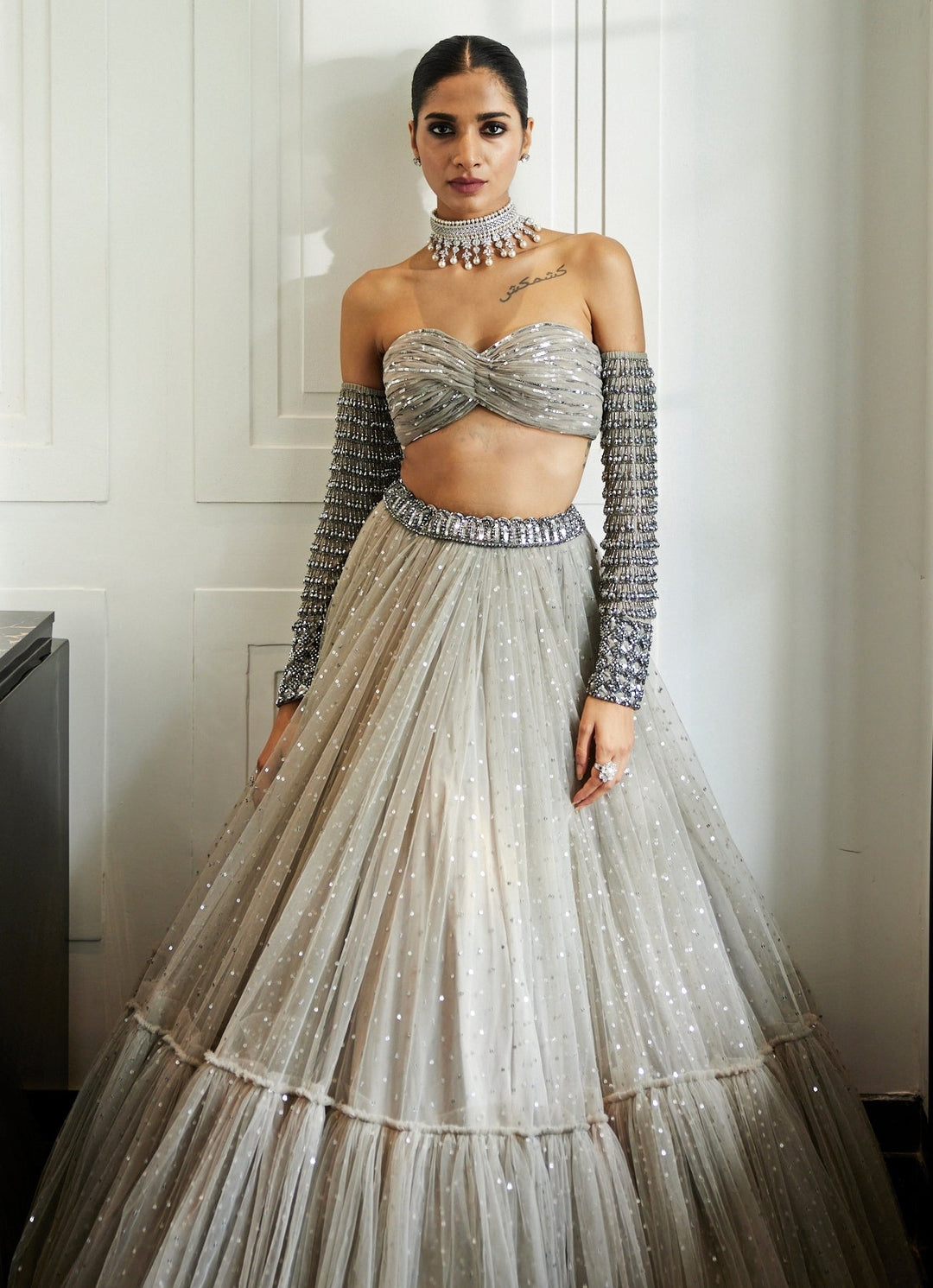 Grey Crystal And Sequin Embroidered Tulle Lehenga Set Vvani By Vani Vats - Fabilicious Fashion