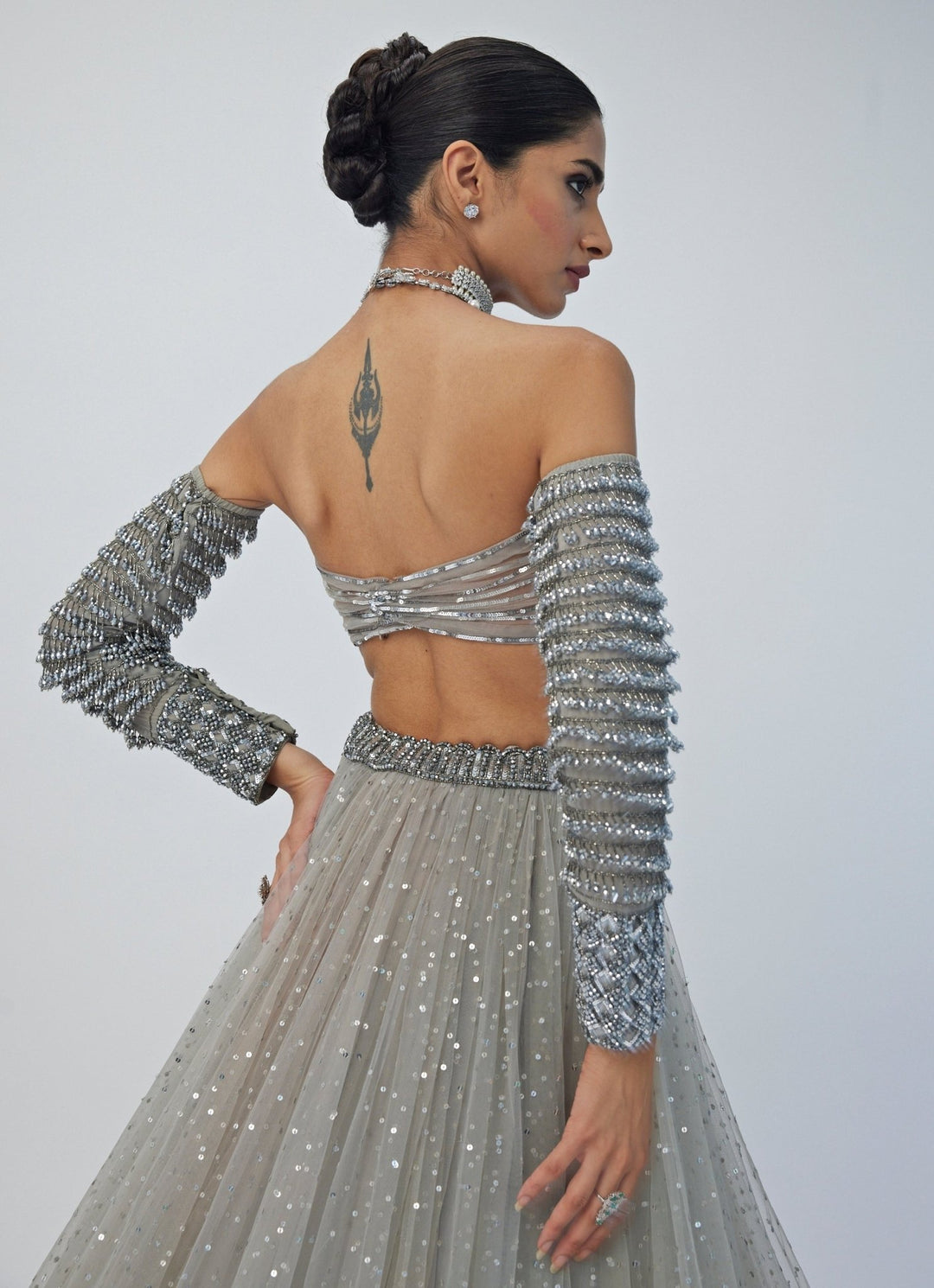 Grey Crystal And Sequin Embroidered Tulle Lehenga Set Vvani By Vani Vats - Fabilicious Fashion