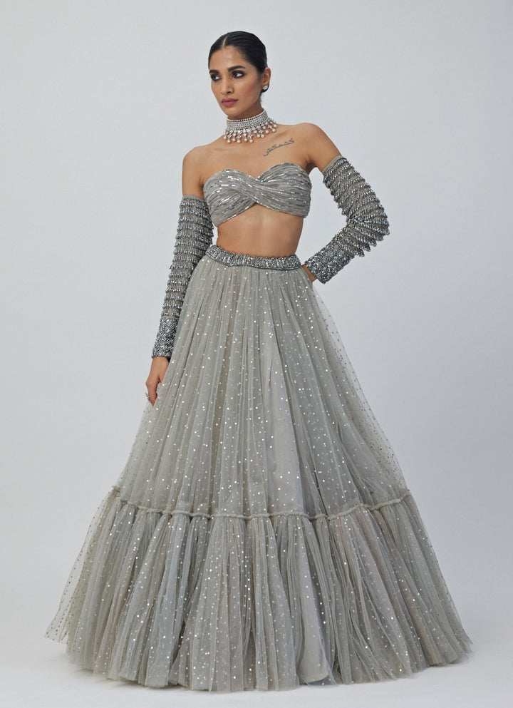 Grey Crystal And Sequin Embroidered Tulle Lehenga Set Vvani By Vani Vats - Fabilicious Fashion
