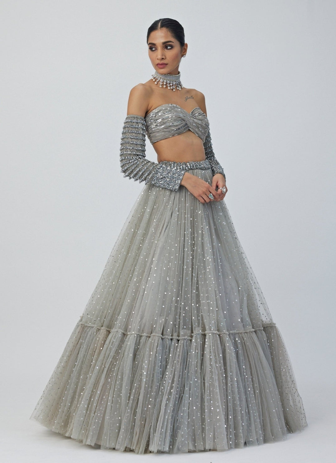 Grey Crystal And Sequin Embroidered Tulle Lehenga Set Vvani By Vani Vats - Fabilicious Fashion