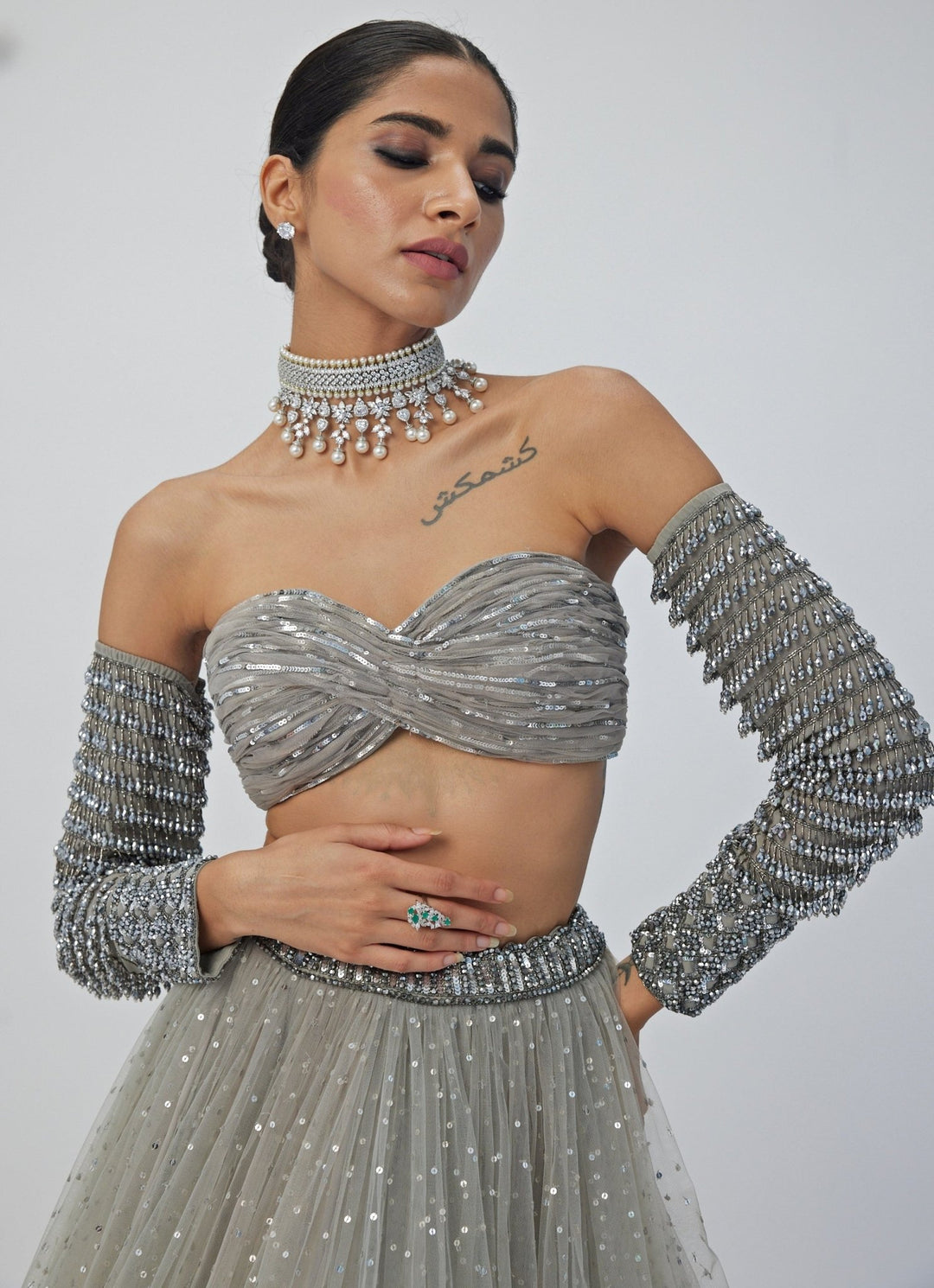 Grey Crystal And Sequin Embroidered Tulle Lehenga Set Vvani By Vani Vats - Fabilicious Fashion