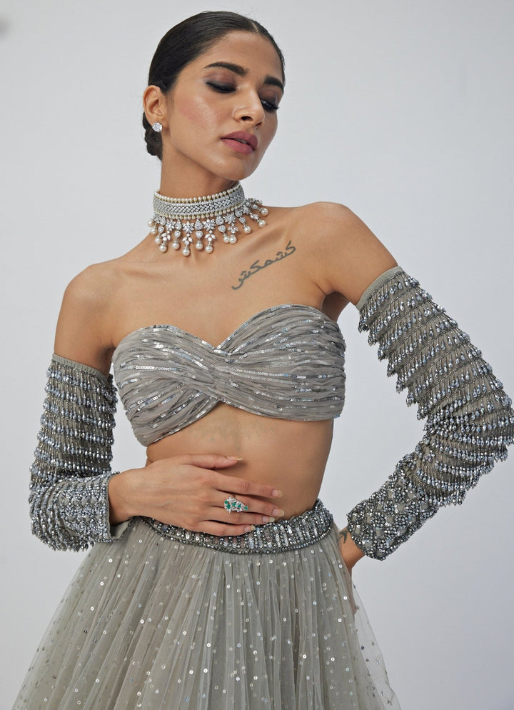 Grey Crystal And Sequin Embroidered Tulle Lehenga Set Vvani By Vani Vats - Fabilicious Fashion