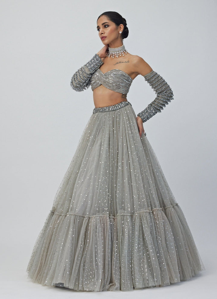 Grey Crystal And Sequin Embroidered Tulle Lehenga Set Vvani By Vani Vats - Fabilicious Fashion