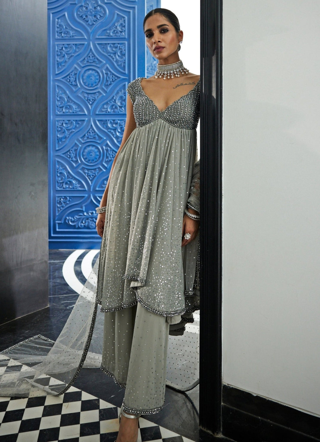 Grey Crystal And Sequin Hand Embroidered Kurta Pant Set Vvani By Vani Vats - Fabilicious Fashion