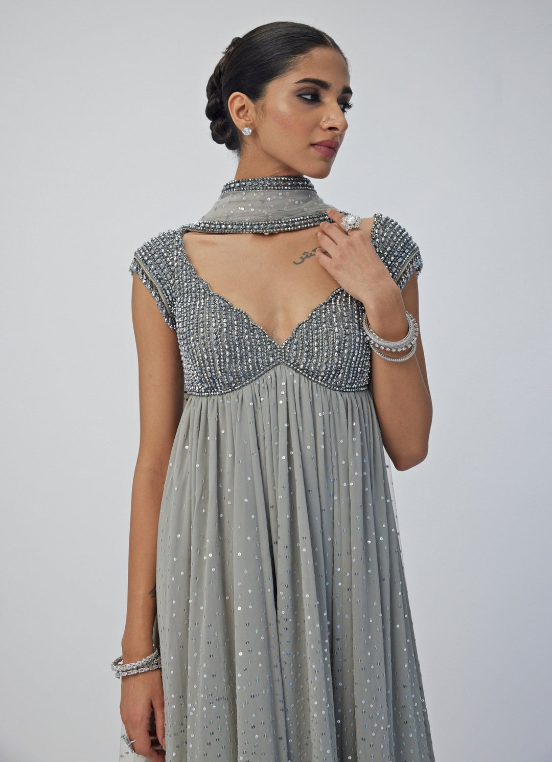 Grey Crystal And Sequin Hand Embroidered Kurta Pant Set Vvani By Vani Vats - Fabilicious Fashion