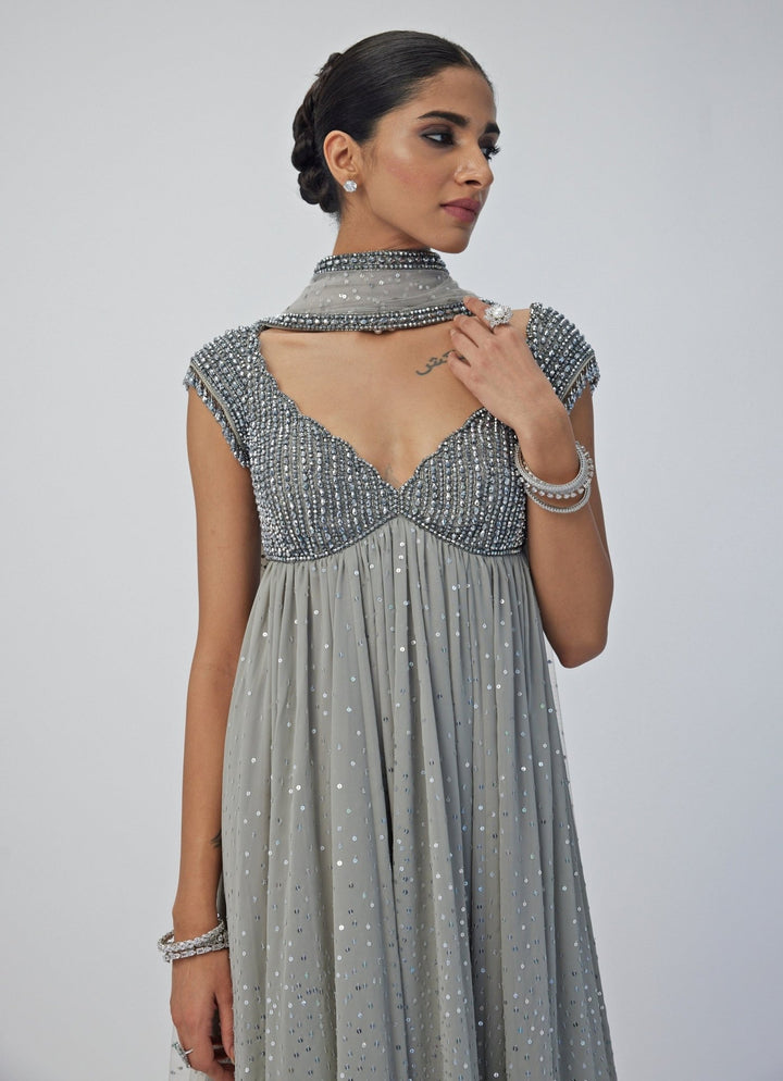 Grey Crystal And Sequin Hand Embroidered Kurta Pant Set Vvani By Vani Vats - Fabilicious Fashion