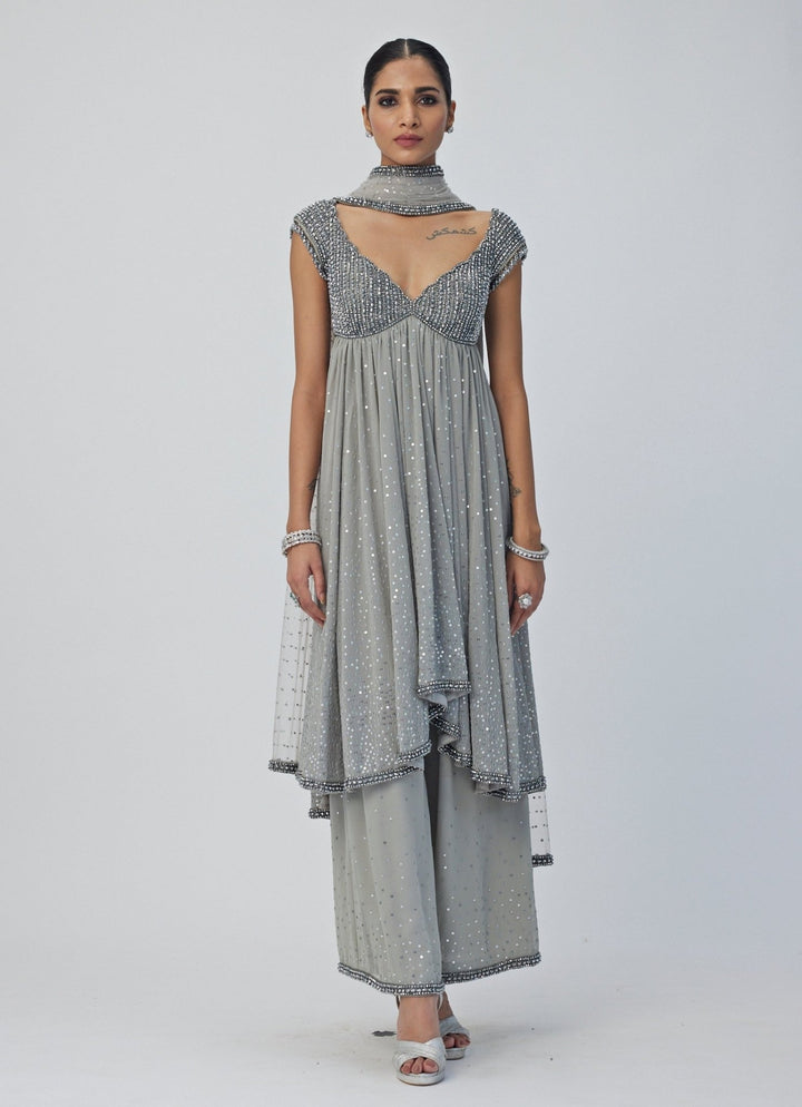Grey Crystal And Sequin Hand Embroidered Kurta Pant Set Vvani By Vani Vats - Fabilicious Fashion