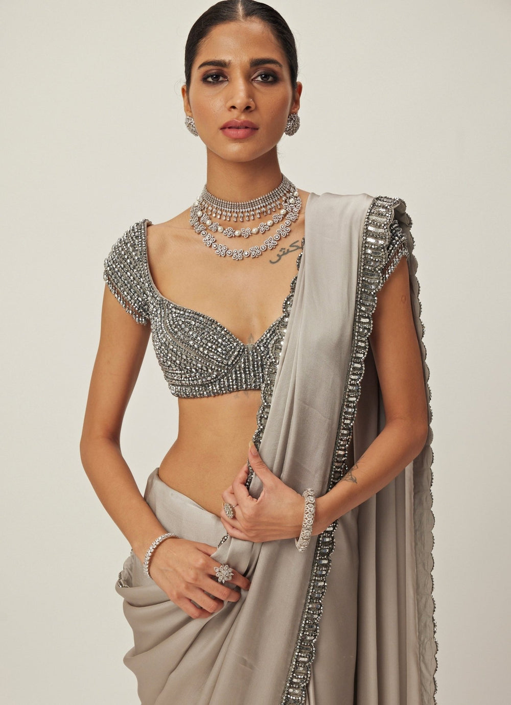 Grey Crystal And Sequin Hand Embroidered Satin Saree Set Vvani By Vani Vats - Fabilicious Fashion