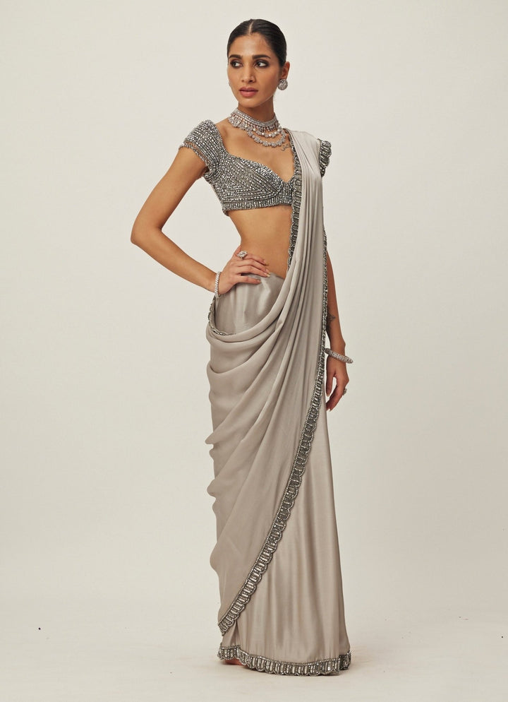 Grey Crystal And Sequin Hand Embroidered Satin Saree Set Vvani By Vani Vats - Fabilicious Fashion