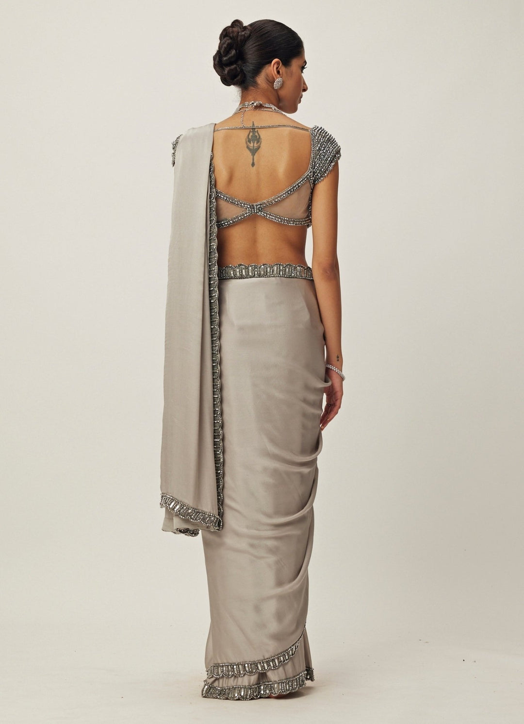 Grey Crystal And Sequin Hand Embroidered Satin Saree Set Vvani By Vani Vats - Fabilicious Fashion