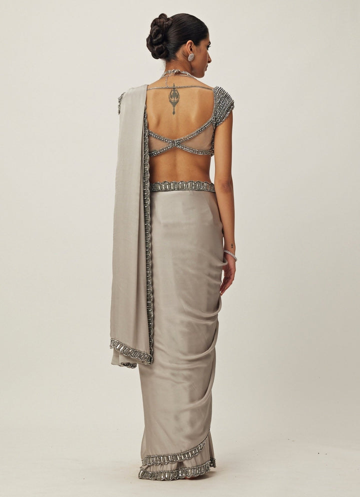 Grey Crystal And Sequin Hand Embroidered Satin Saree Set Vvani By Vani Vats - Fabilicious Fashion