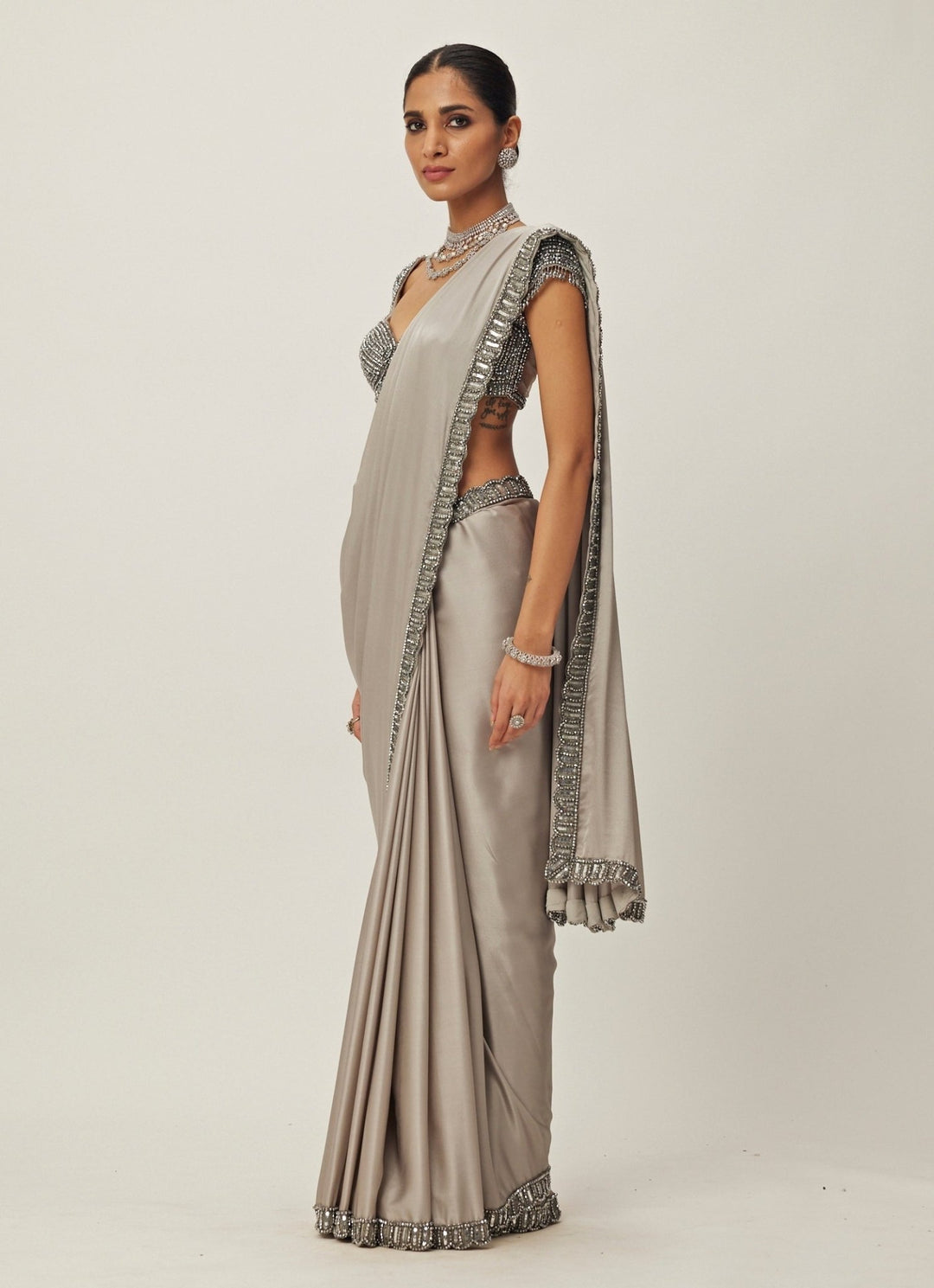 Grey Crystal And Sequin Hand Embroidered Satin Saree Set Vvani By Vani Vats - Fabilicious Fashion