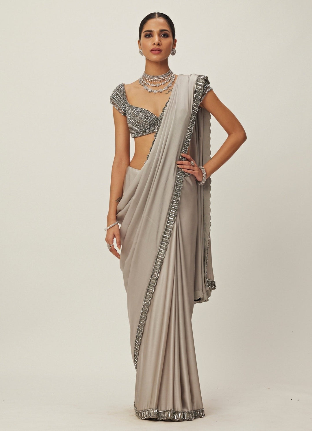 Grey Crystal And Sequin Hand Embroidered Satin Saree Set Vvani By Vani Vats - Fabilicious Fashion