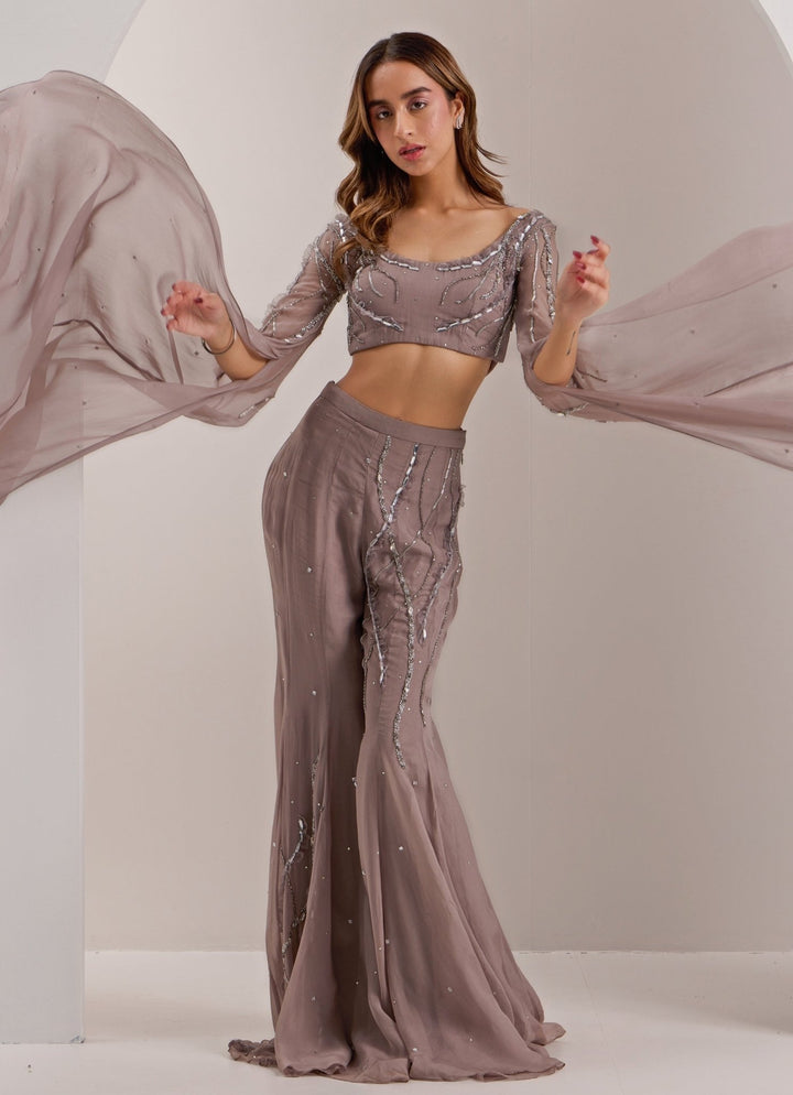 Grey Embellished Blouse With Flare Pant Silky Bindra - Fabilicious Fashion