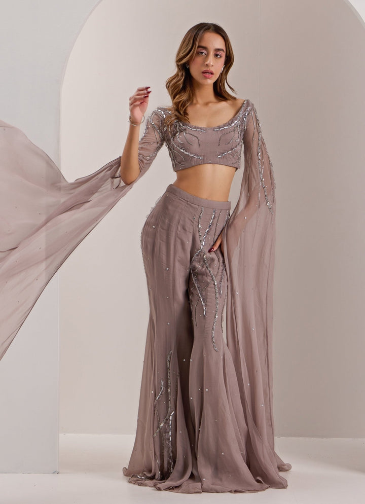Grey Embellished Blouse With Flare Pant Silky Bindra - Fabilicious Fashion