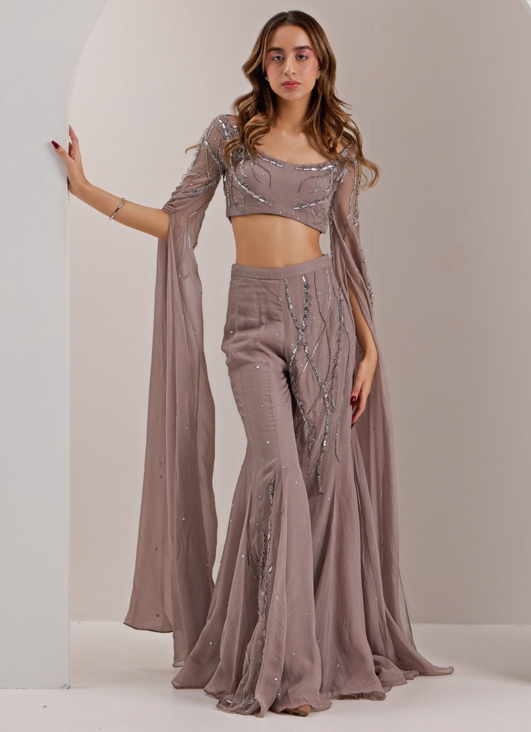 Grey Embellished Blouse With Flare Pant Silky Bindra - Fabilicious Fashion