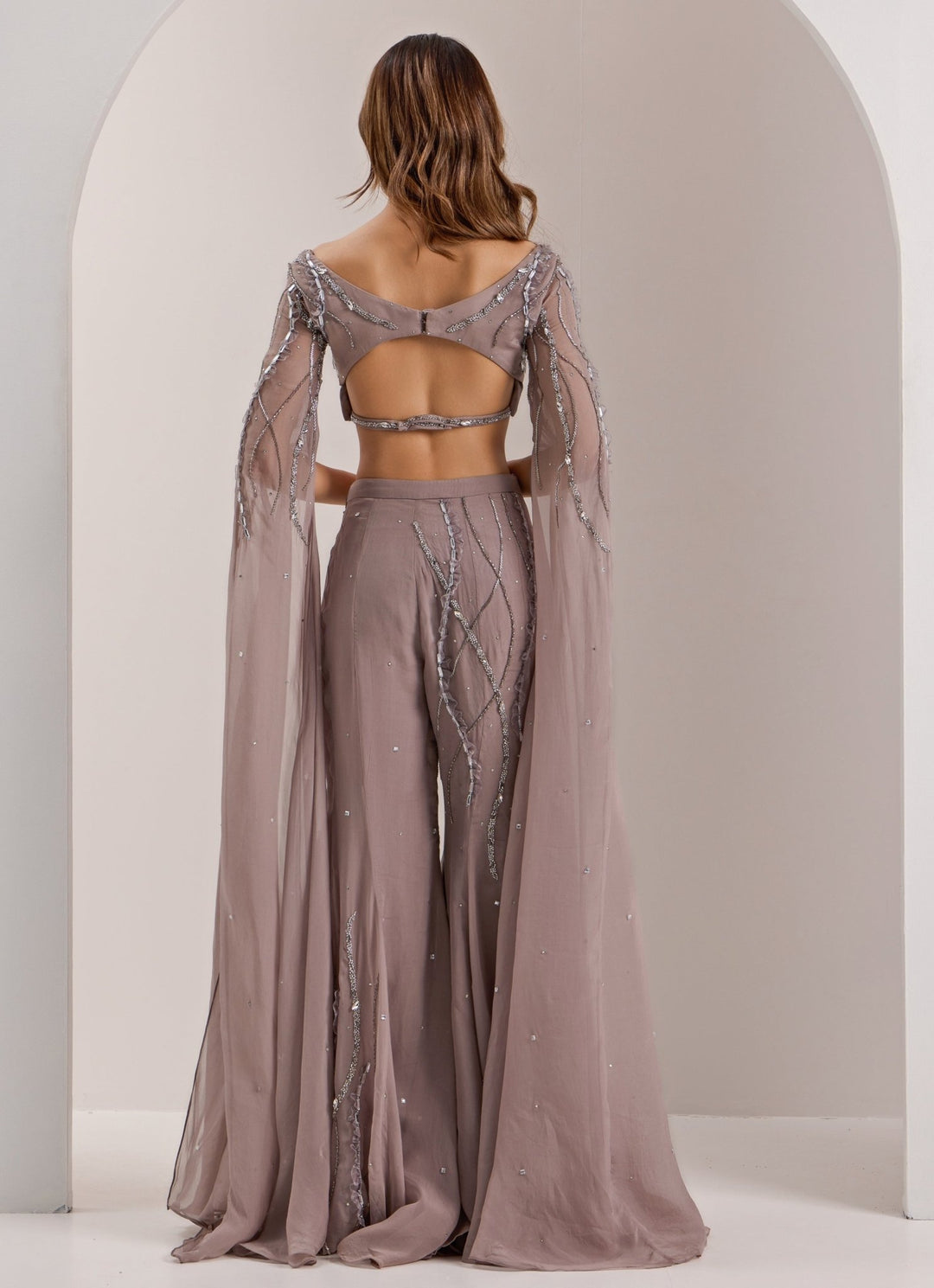 Grey Embellished Blouse With Flare Pant Silky Bindra - Fabilicious Fashion