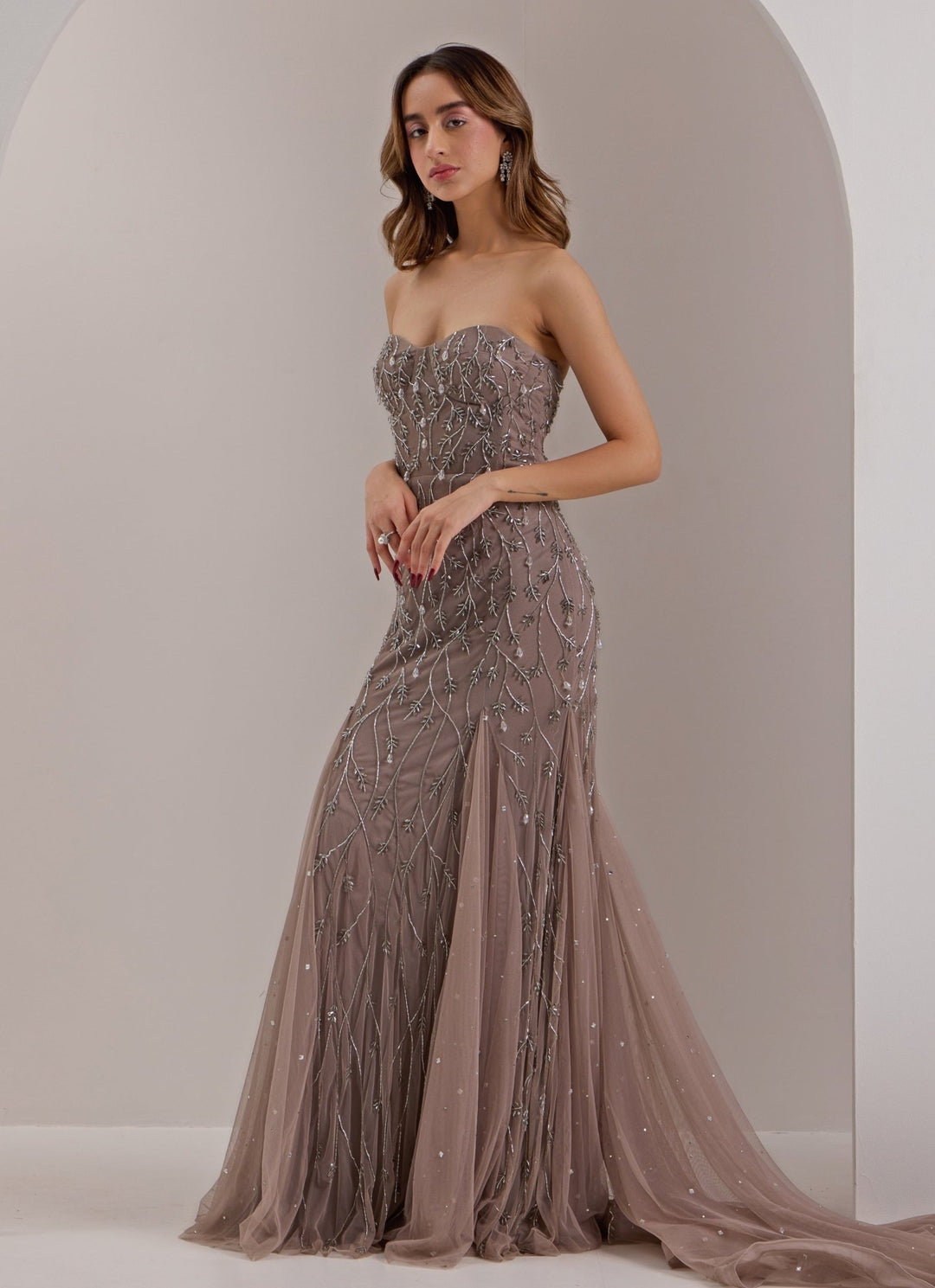 Grey Embellished Corset Godet Gown Silky Bindra - Fabilicious Fashion