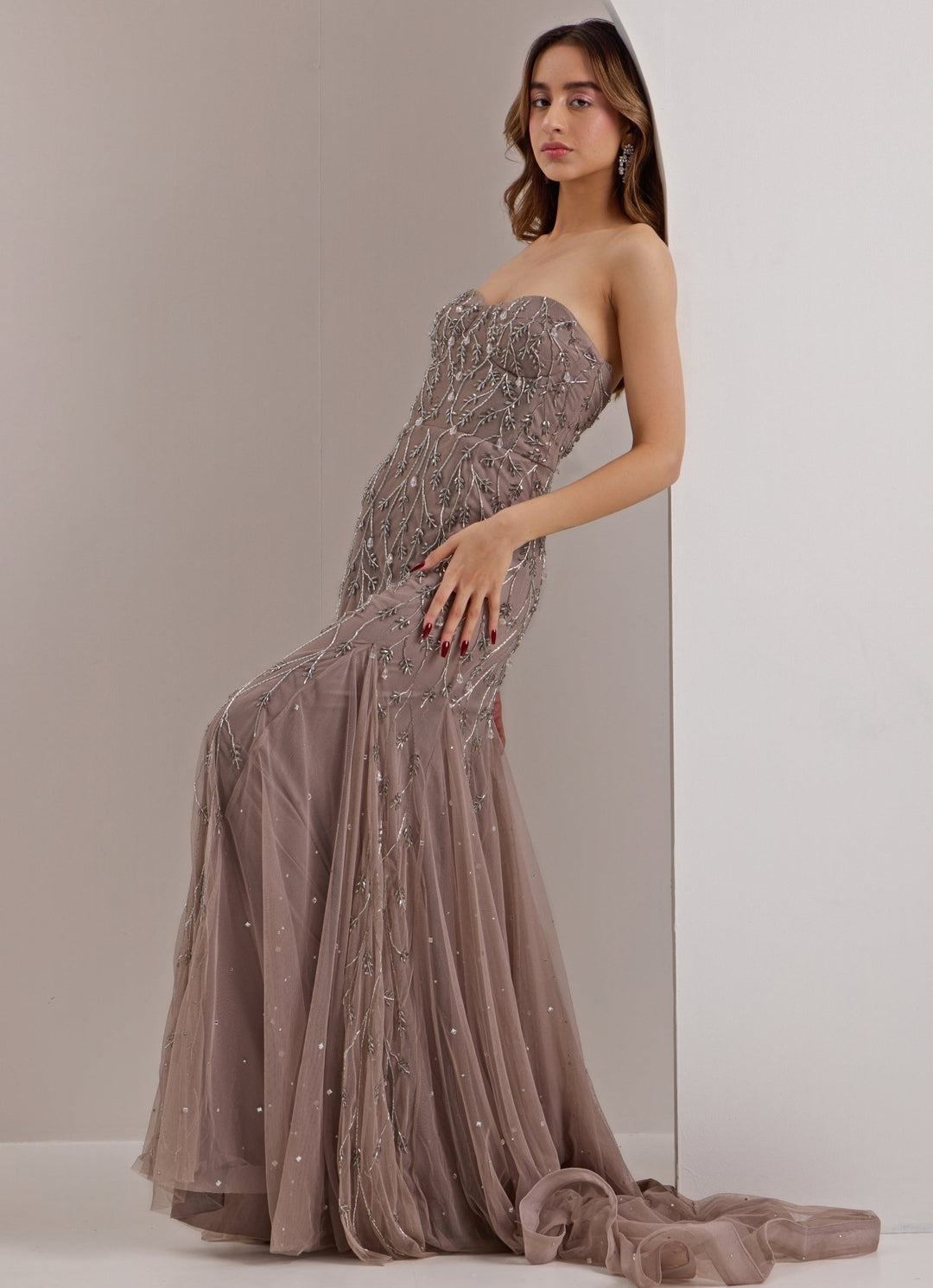 Grey Embellished Corset Godet Gown Silky Bindra - Fabilicious Fashion