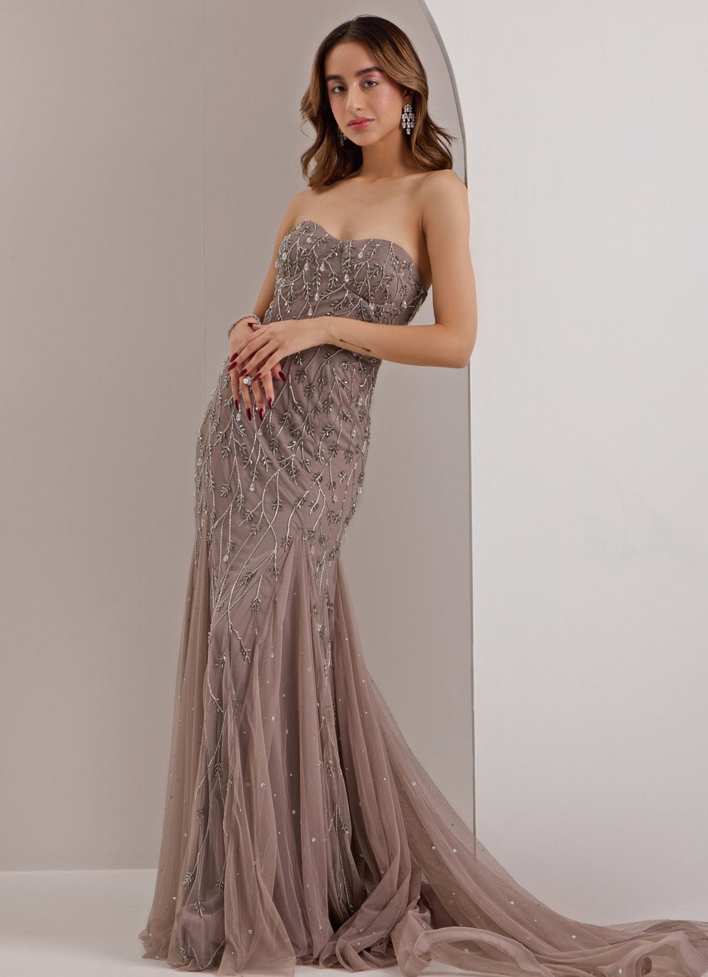 Grey Embellished Corset Godet Gown Silky Bindra - Fabilicious Fashion