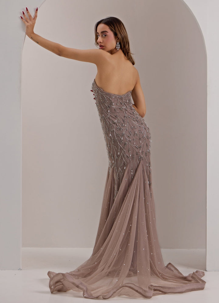 Grey Embellished Corset Godet Gown Silky Bindra - Fabilicious Fashion