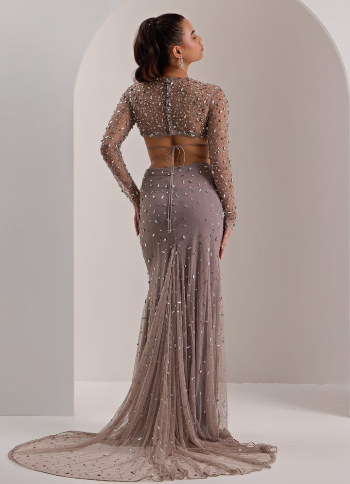 Grey Embellished Net Skirt Set Silky Bindra - Fabilicious Fashion
