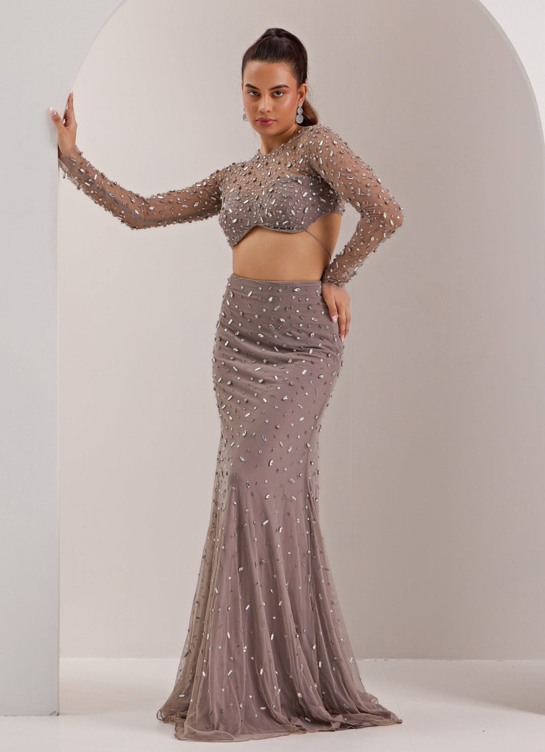 Grey Embellished Net Skirt Set Silky Bindra - Fabilicious Fashion