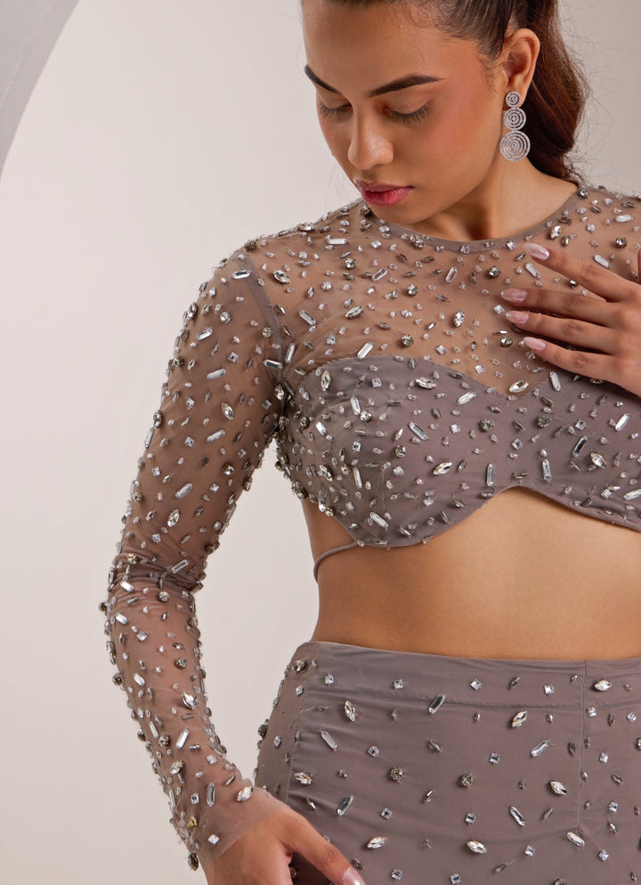 Grey Embellished Net Skirt Set Silky Bindra - Fabilicious Fashion