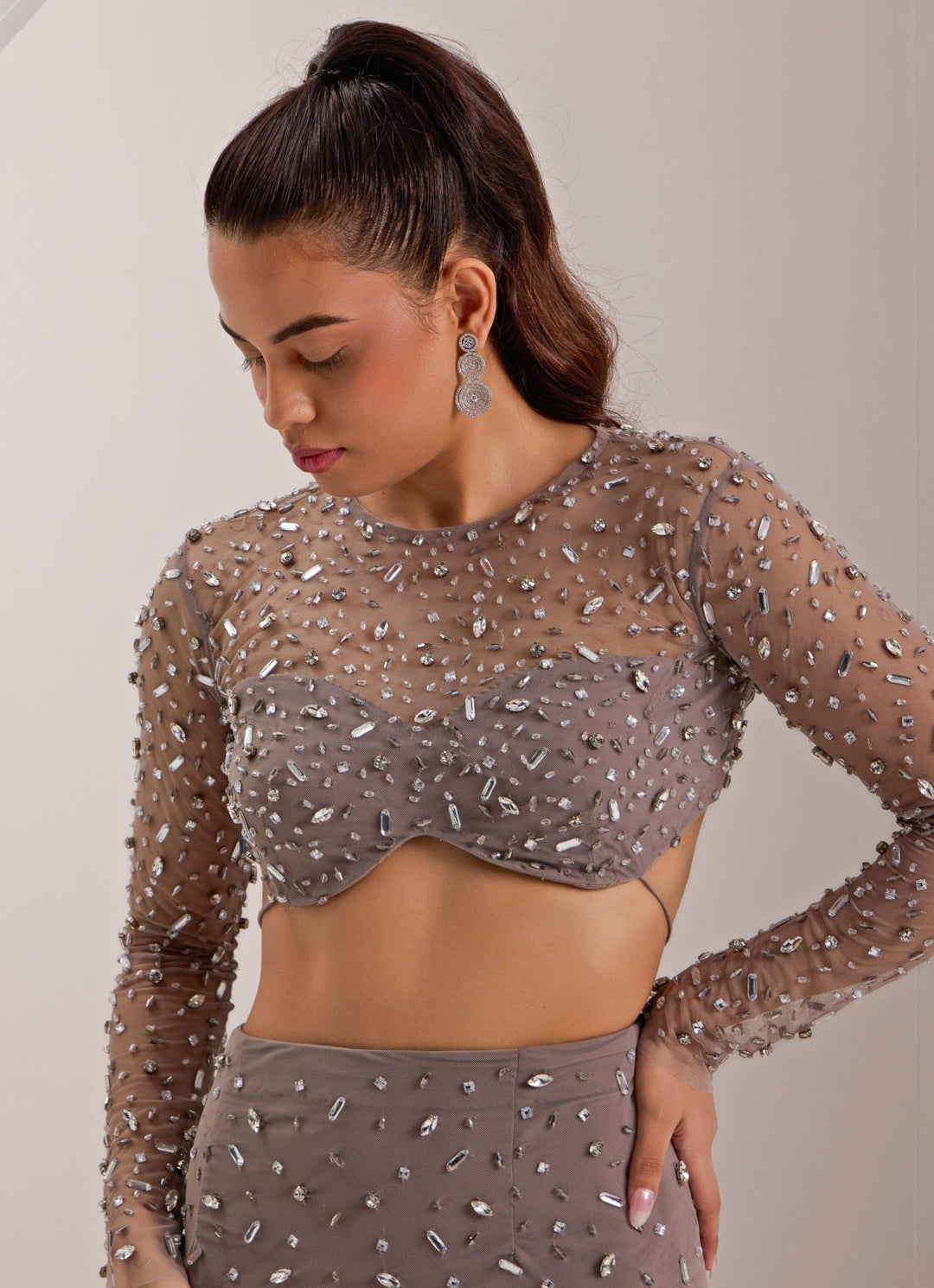 Grey Embellished Net Skirt Set Silky Bindra - Fabilicious Fashion