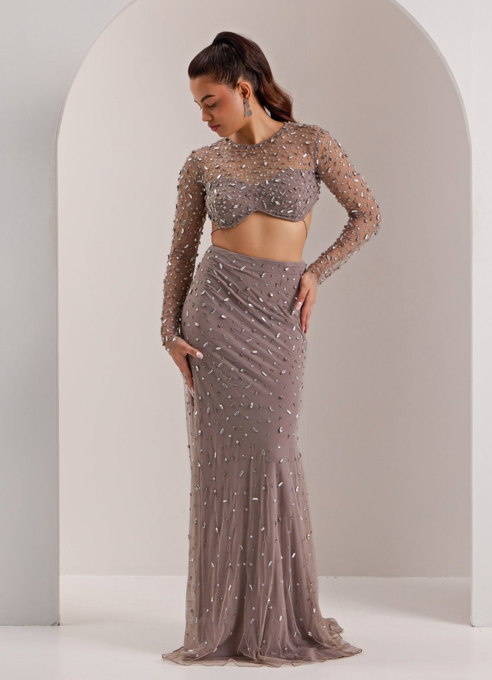 Grey Embellished Net Skirt Set Silky Bindra - Fabilicious Fashion