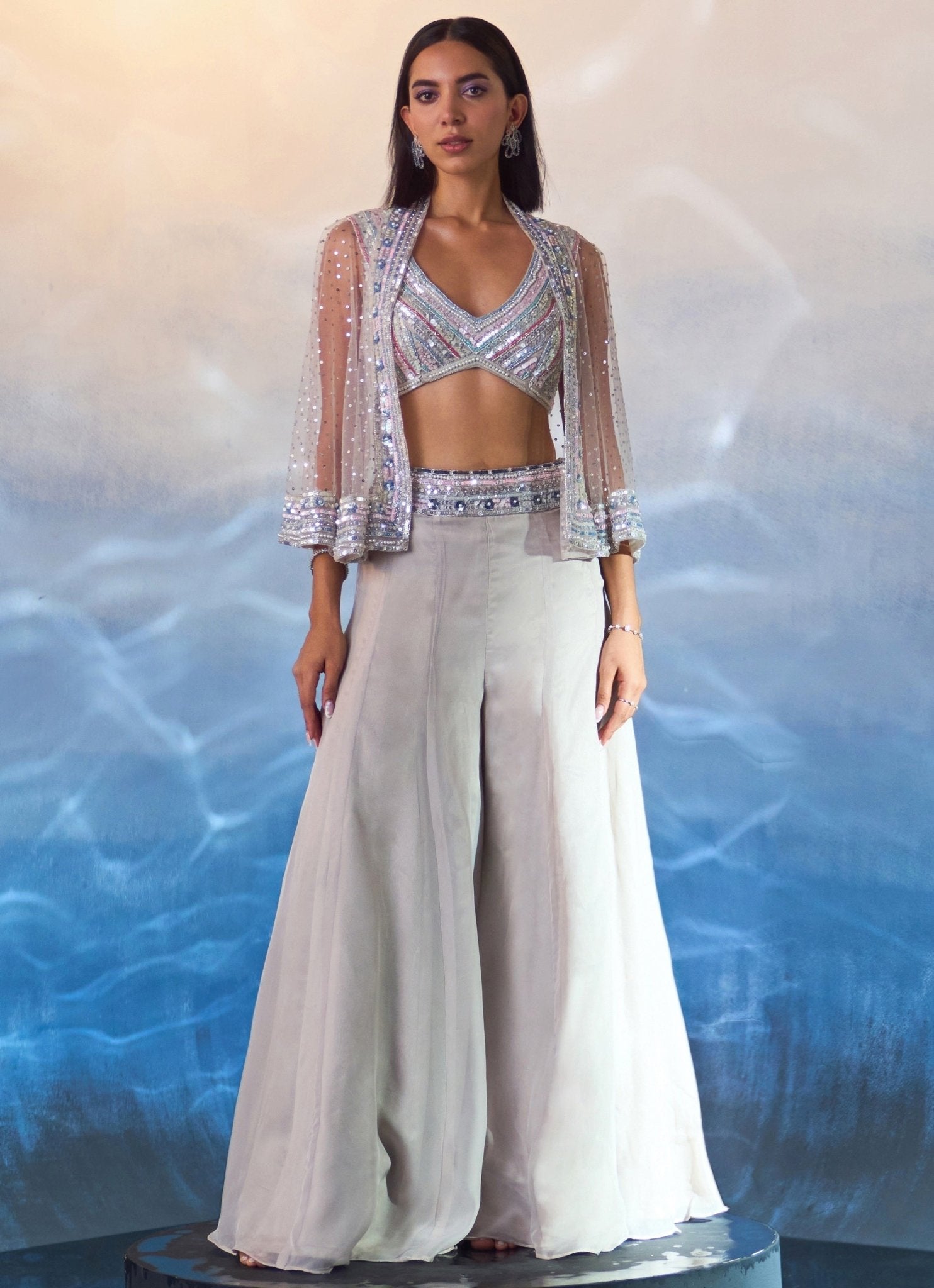 Grey embellished organza cape sharara set for receptions UK by Angad Singh