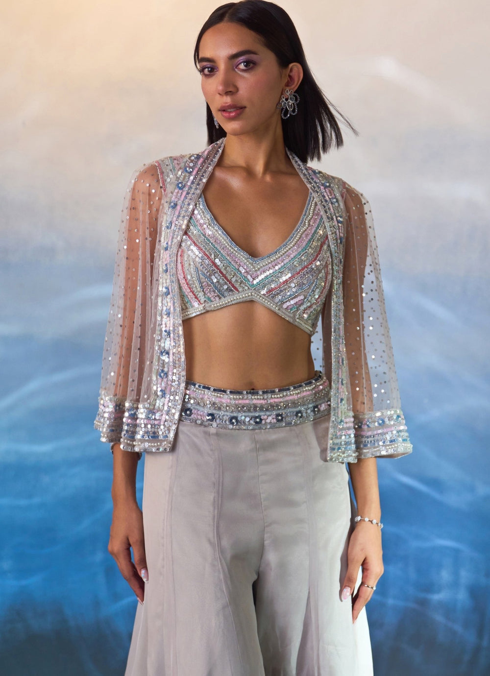 Grey Embellished Organza Cape with Sharara Angad Singh - Fabilicious Fashion