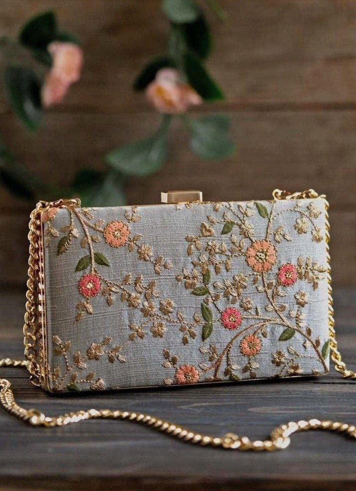 Grey Embroidered Clutch AMYRA - Fabilicious Fashion