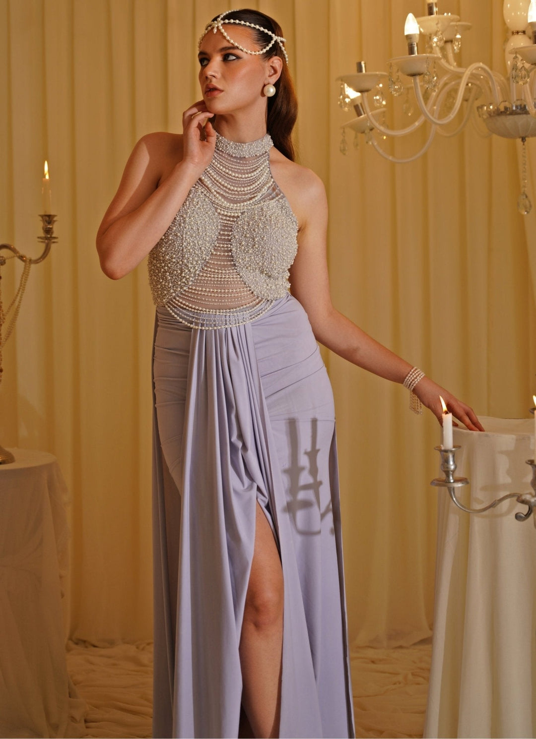 Grey Embroidered Draped Gown Jade by Ashima - Fabilicious Fashion