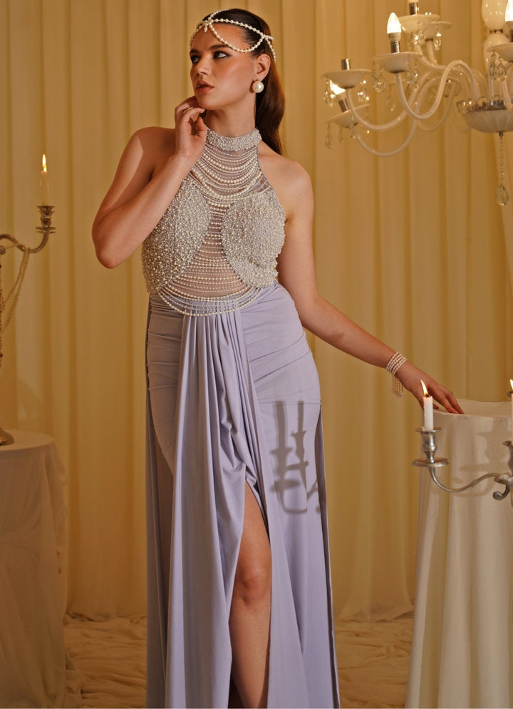 Grey Embroidered Draped Gown Jade by Ashima - Fabilicious Fashion