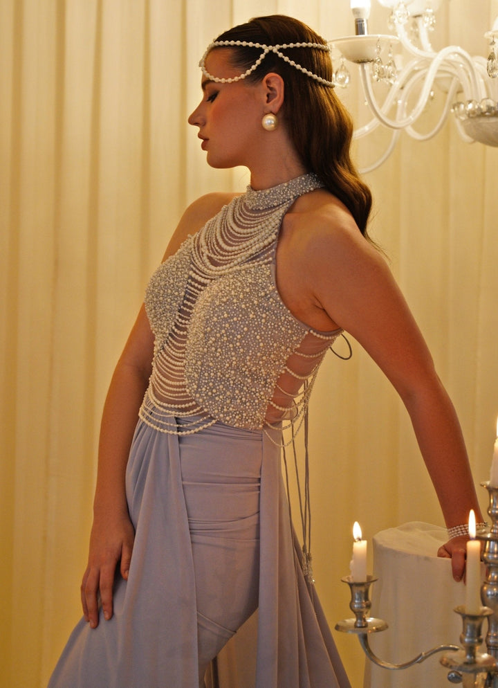 Grey Embroidered Draped Gown Jade by Ashima - Fabilicious Fashion