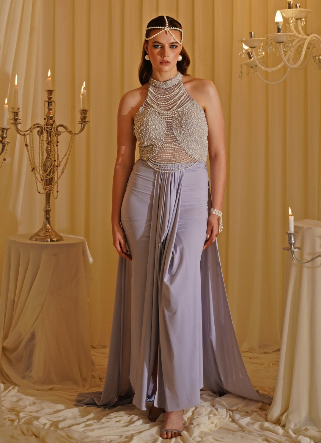 Grey Embroidered Draped Gown Jade by Ashima - Fabilicious Fashion
